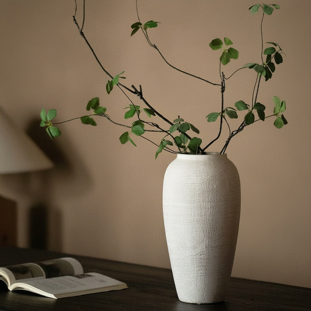 Matte white tall vase styled with green branches on a dark table