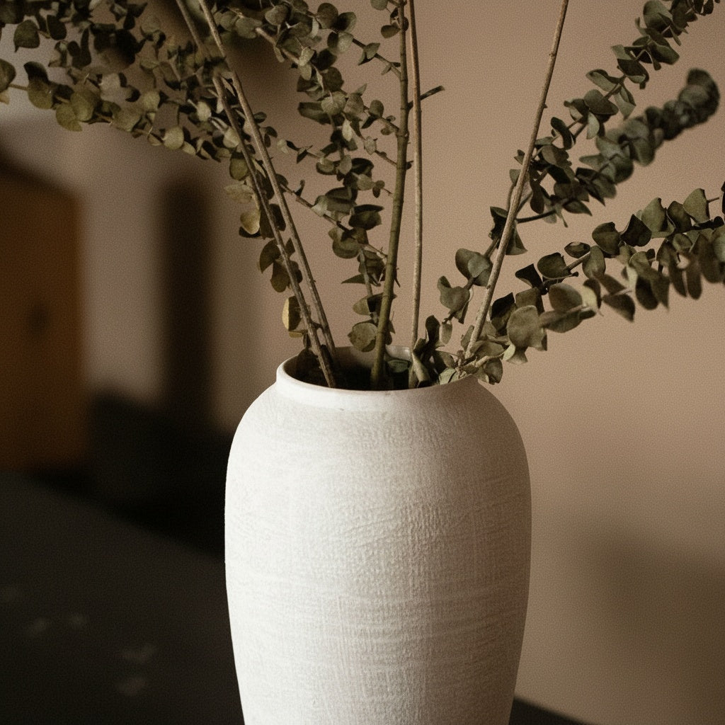 Close up of textured matte white ceramic vase with dried botanicals
