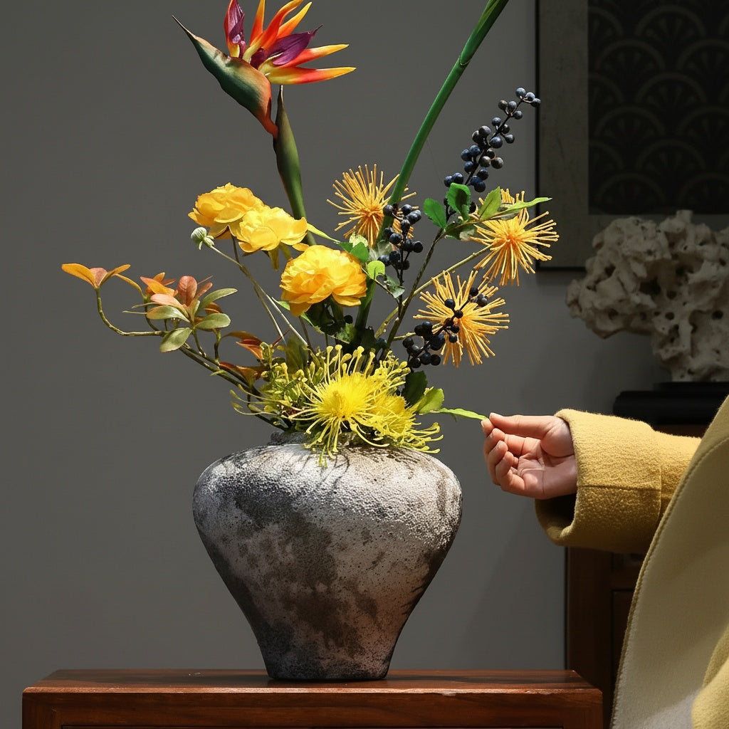 Textured Ceramic Tapered Vase on Wooden Table