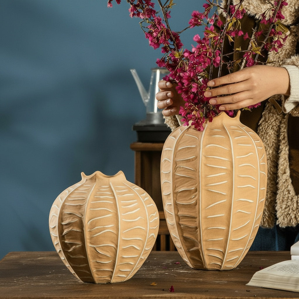Close up of large and small clay vases with floral arrangement