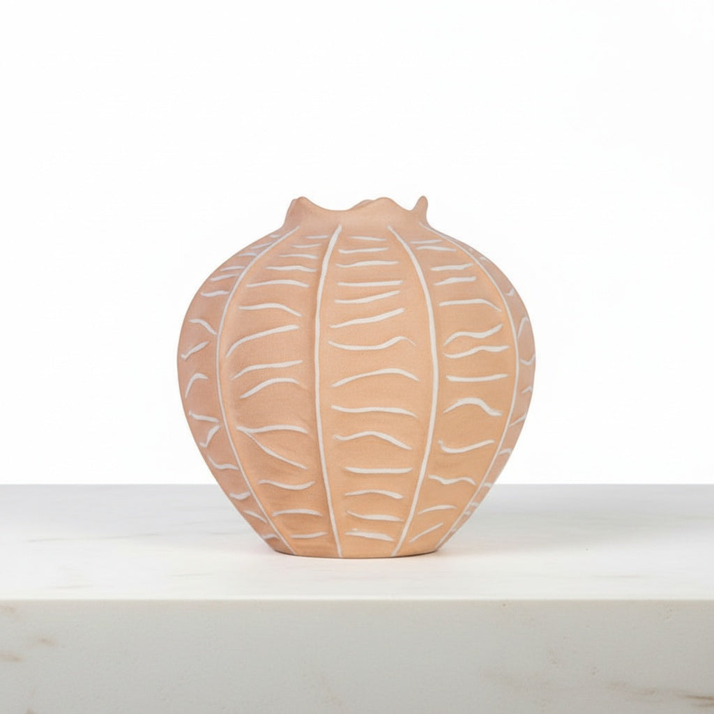 Medium textured clay ribbed vase isolated on white background