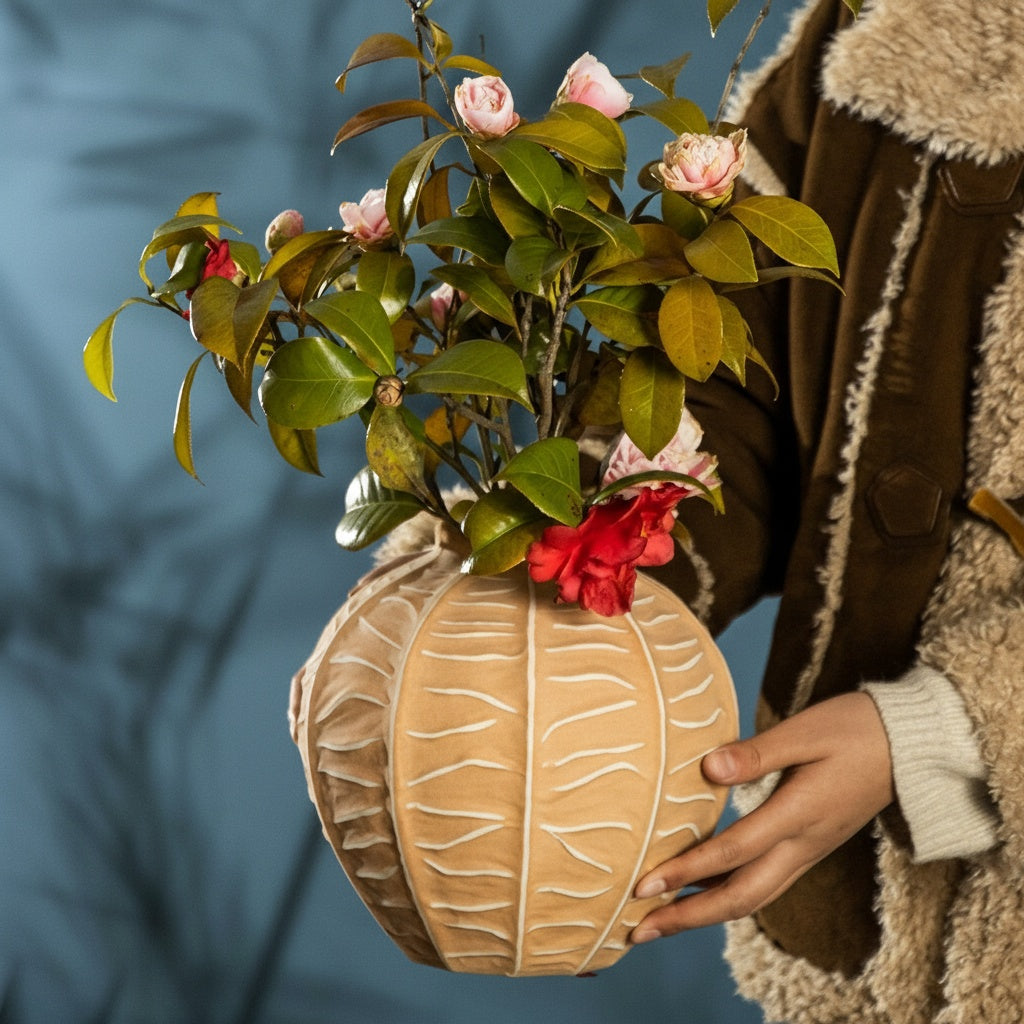 Person holding a medium textured clay ribbed vase with camellia flowers