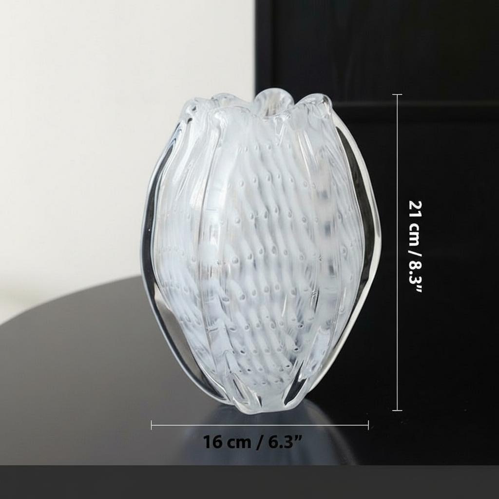 Dimensions of textured clear glass ribbed oval vase