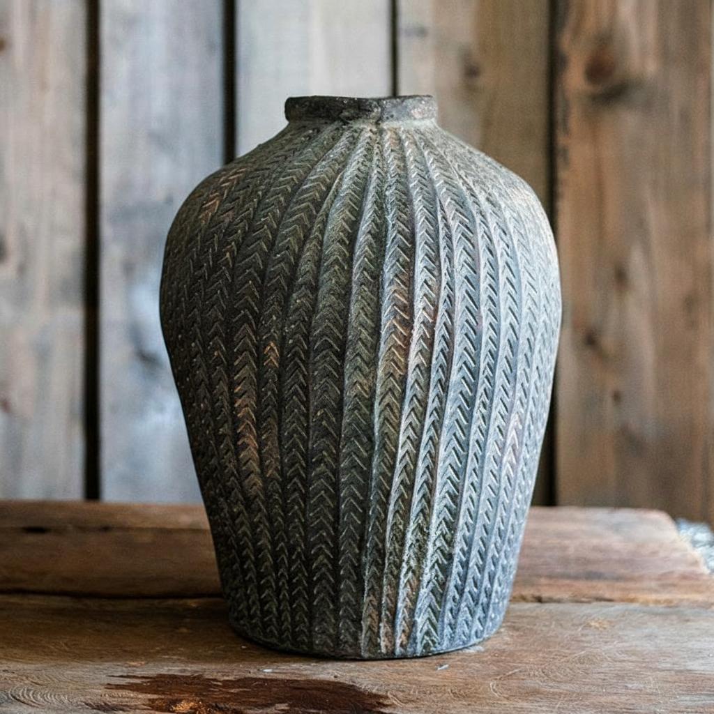 Close up of herringbone carved texture on concrete vase