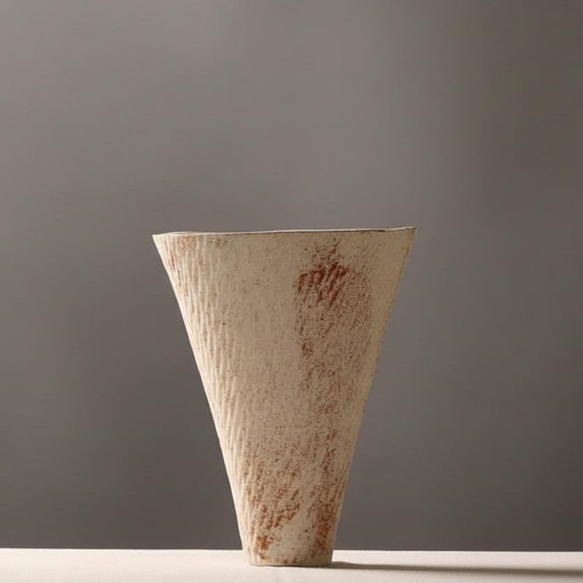 Side view of rustic cream and rust ceramic vase