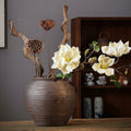 Textured Dark Ceramic Round Vase with Dried Botanicals