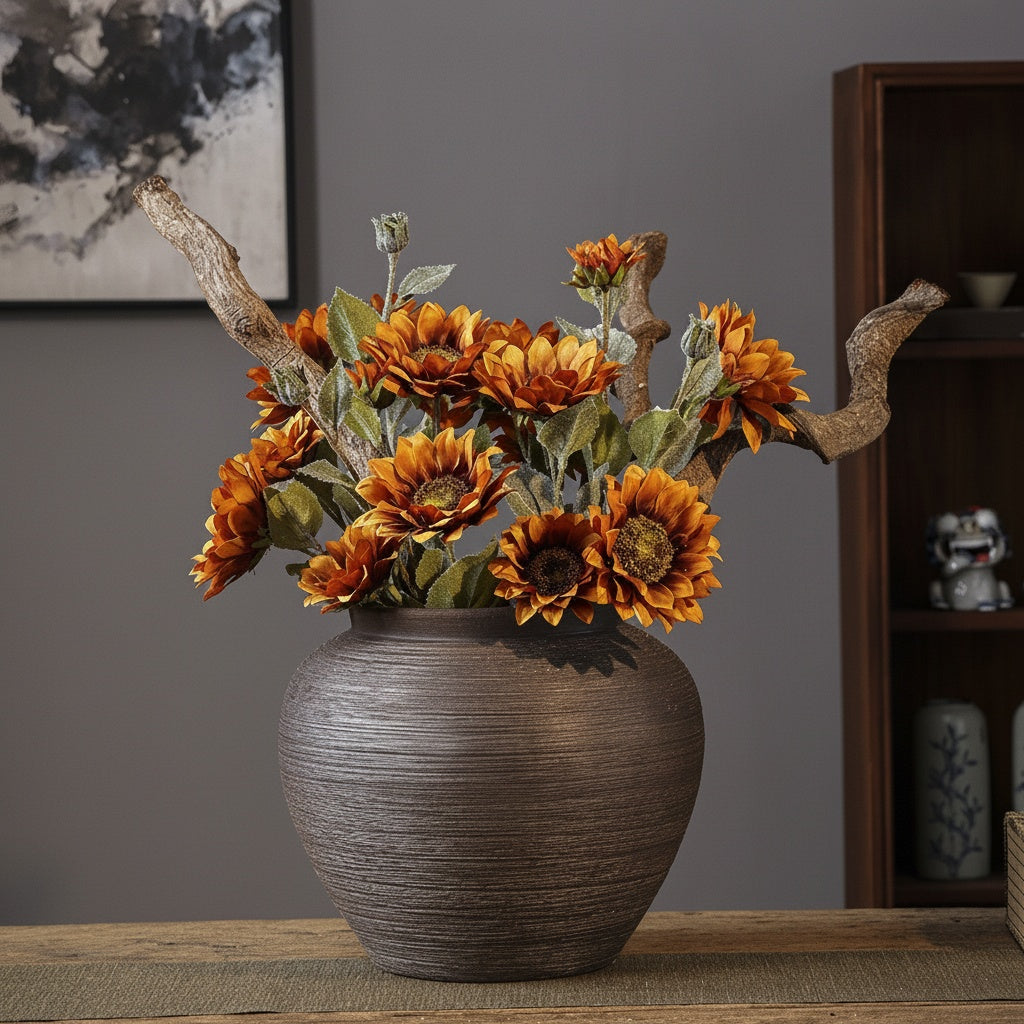 Textured Dark Ceramic Round Vase with Sunflowers