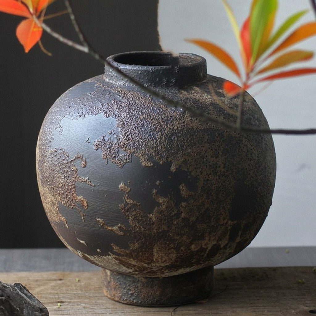Textured Dark Ceramic Spherical Vase