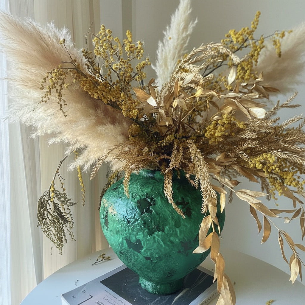 Textured Emerald Round Vase styled with dried botanicals