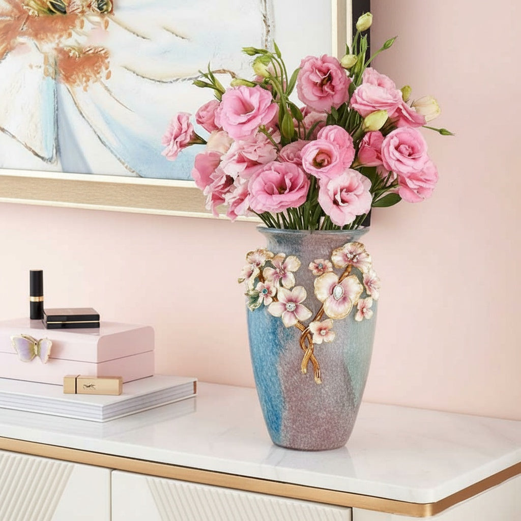 Textured Glass And Enamel Floral Vase styled with pink flowers
