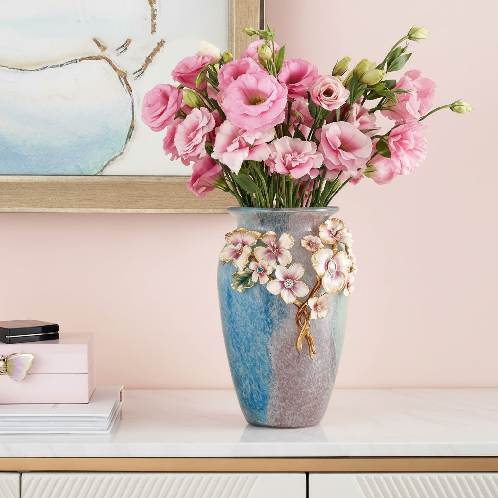 Textured Glass And Enamel Floral Vase on console