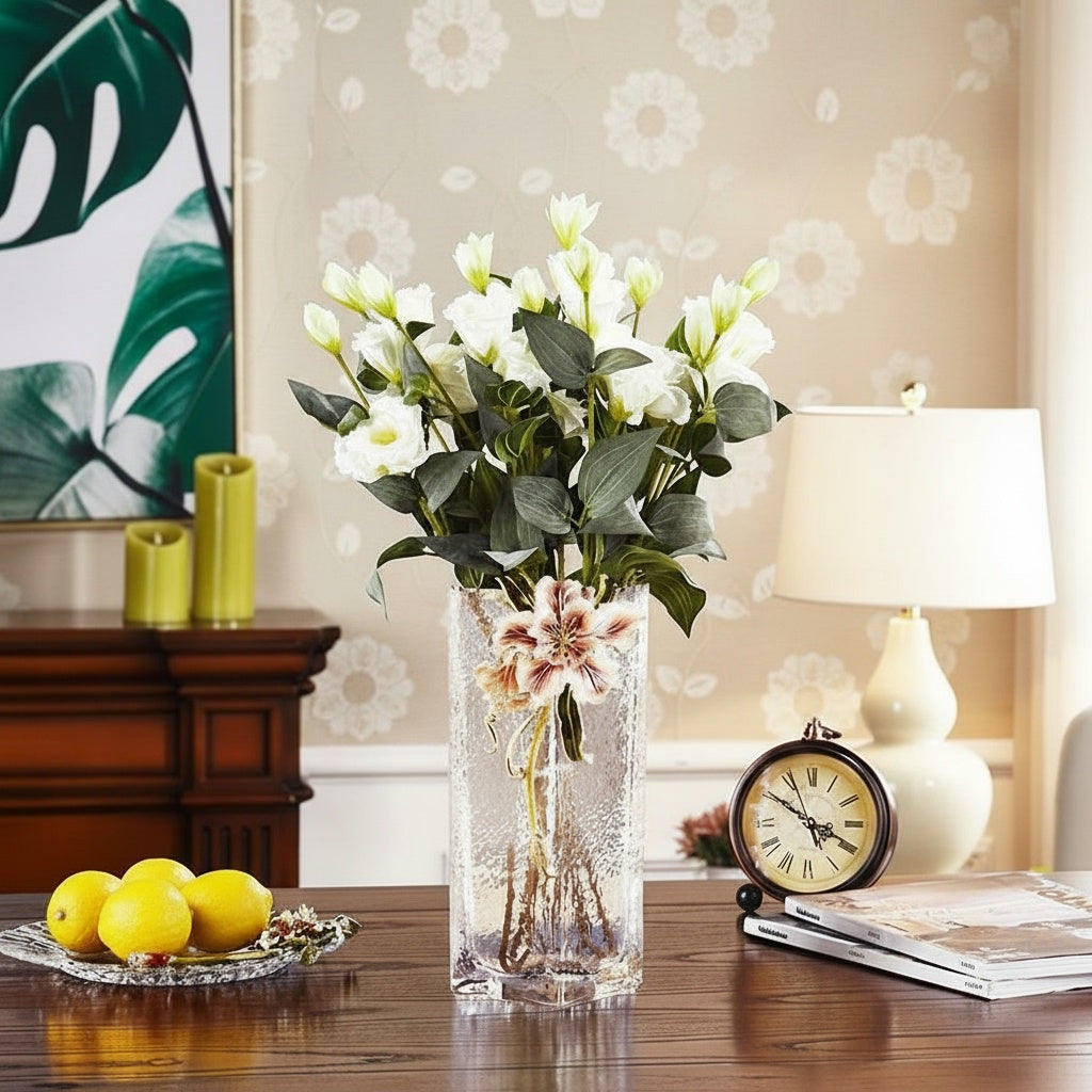 Lifestyle view of vase with white flowers on table