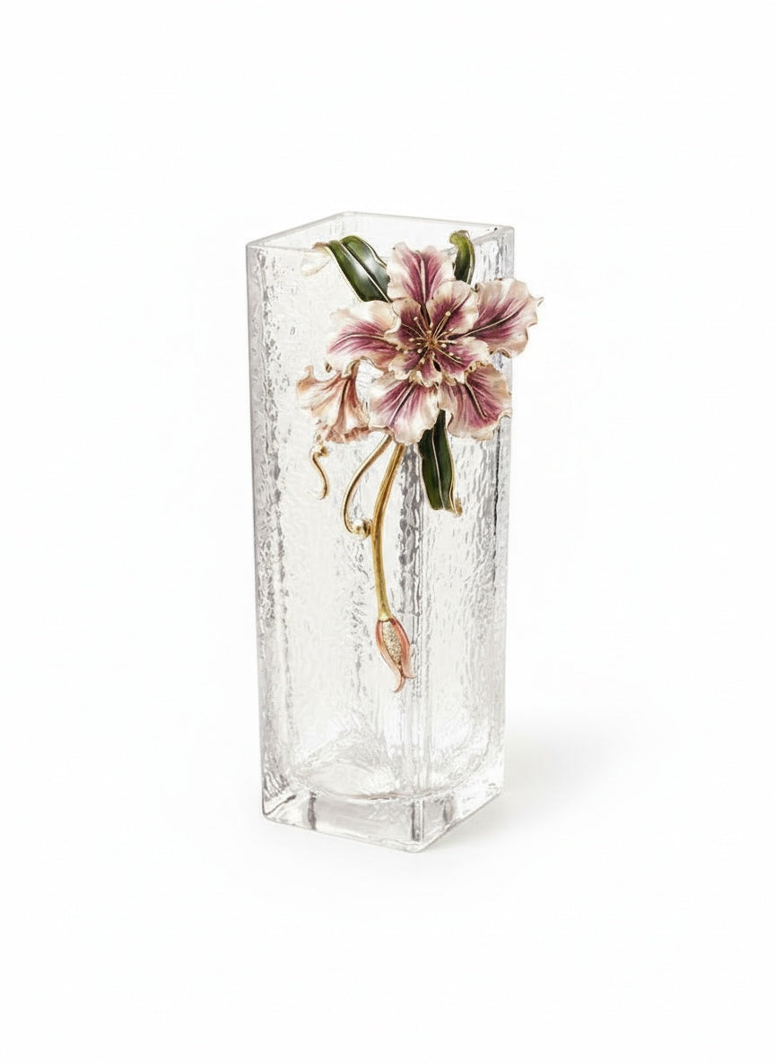 Front view of empty rectangular glass vase with enamel flower