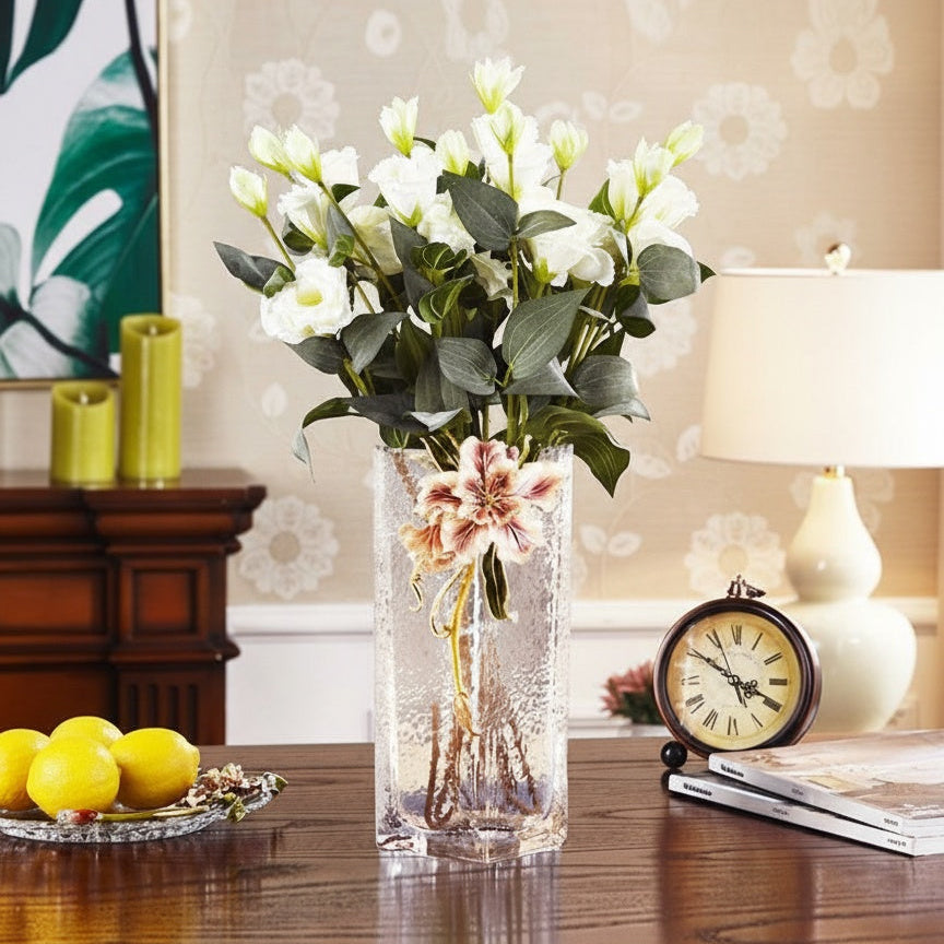 Angled lifestyle shot of vase with white flowers
