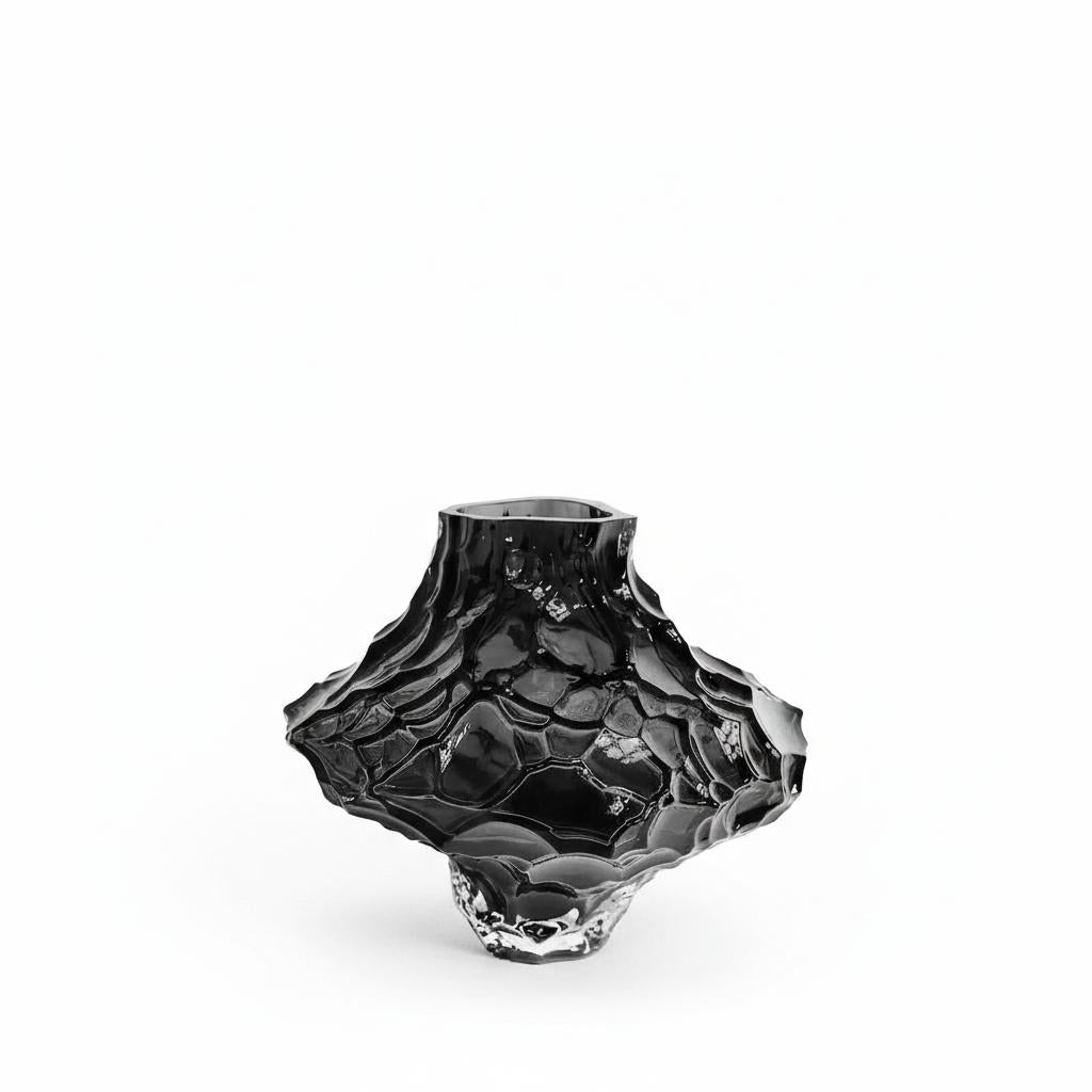 Front view of smoke grey sculptural glass vase