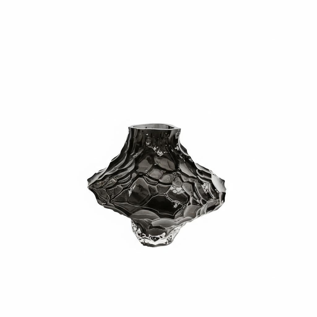 Angled view of textured smoke glass vase showing faceted details