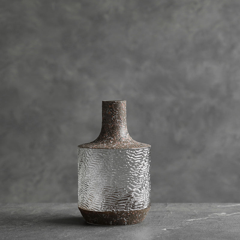 Medium textured glass vase with speckled brown neck and base