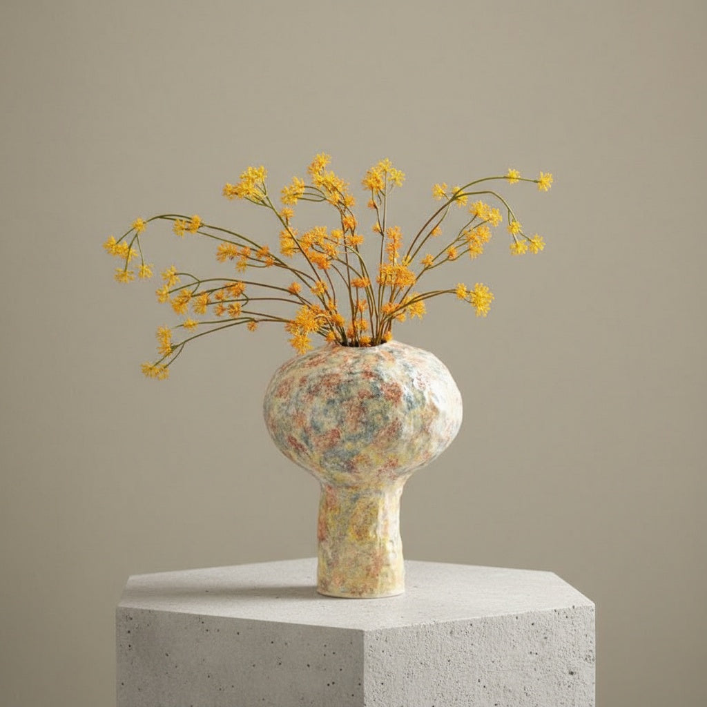Textured glazed ceramic mushroom vase with yellow flowers