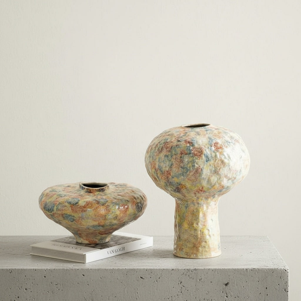Two textured ceramic vases on wooden console