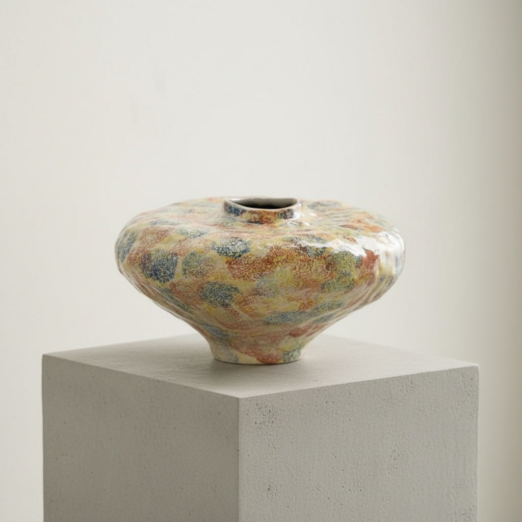 Detail of hand touching textured ceramic vase rim