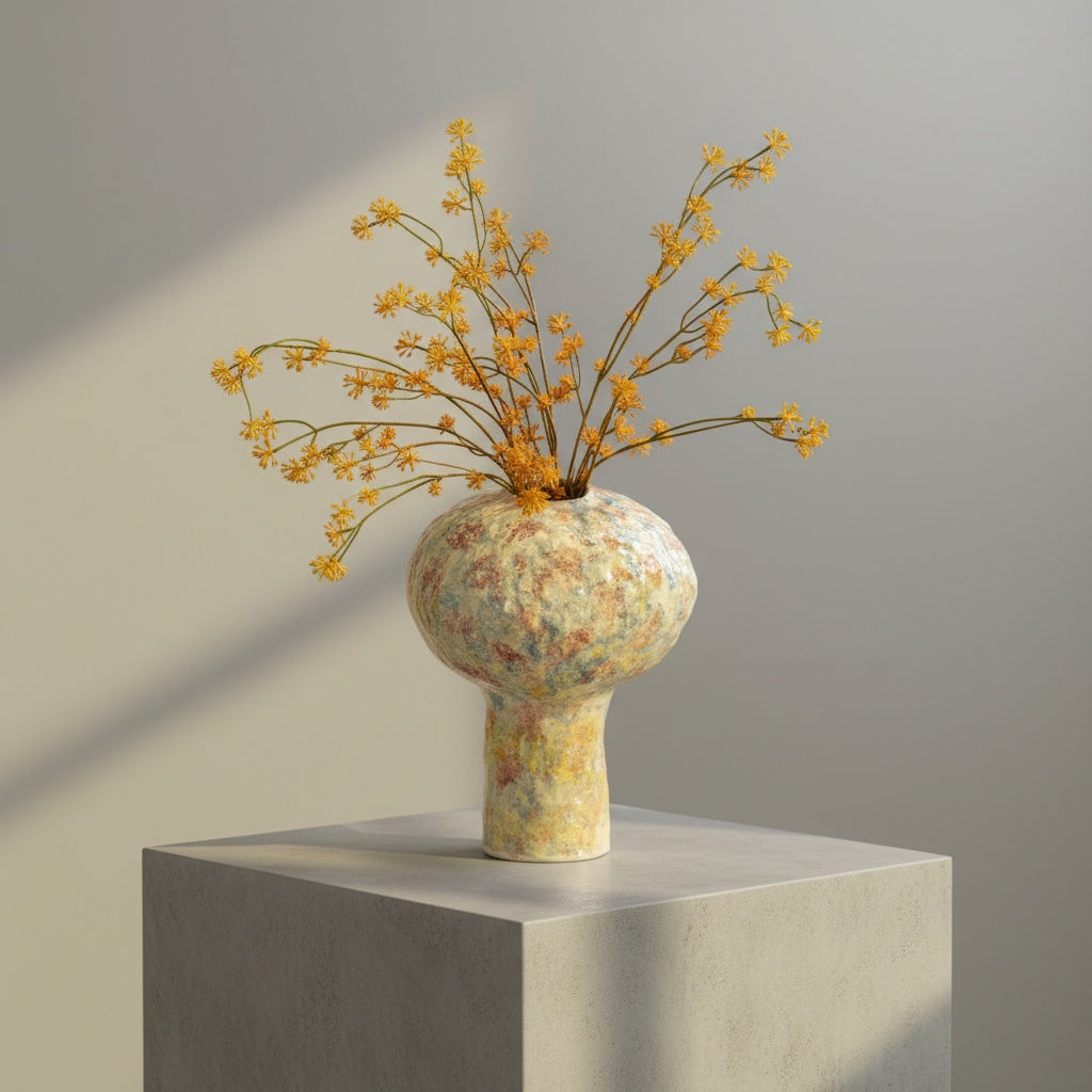 Top view of textured ceramic vase on books