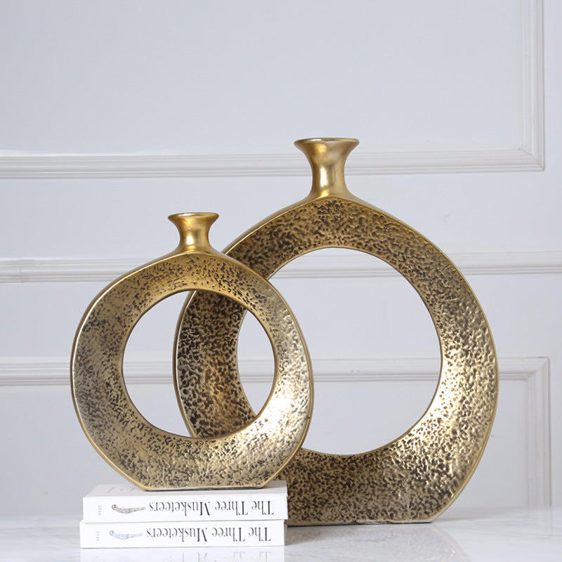Textured gold ceramic circular vase set of two