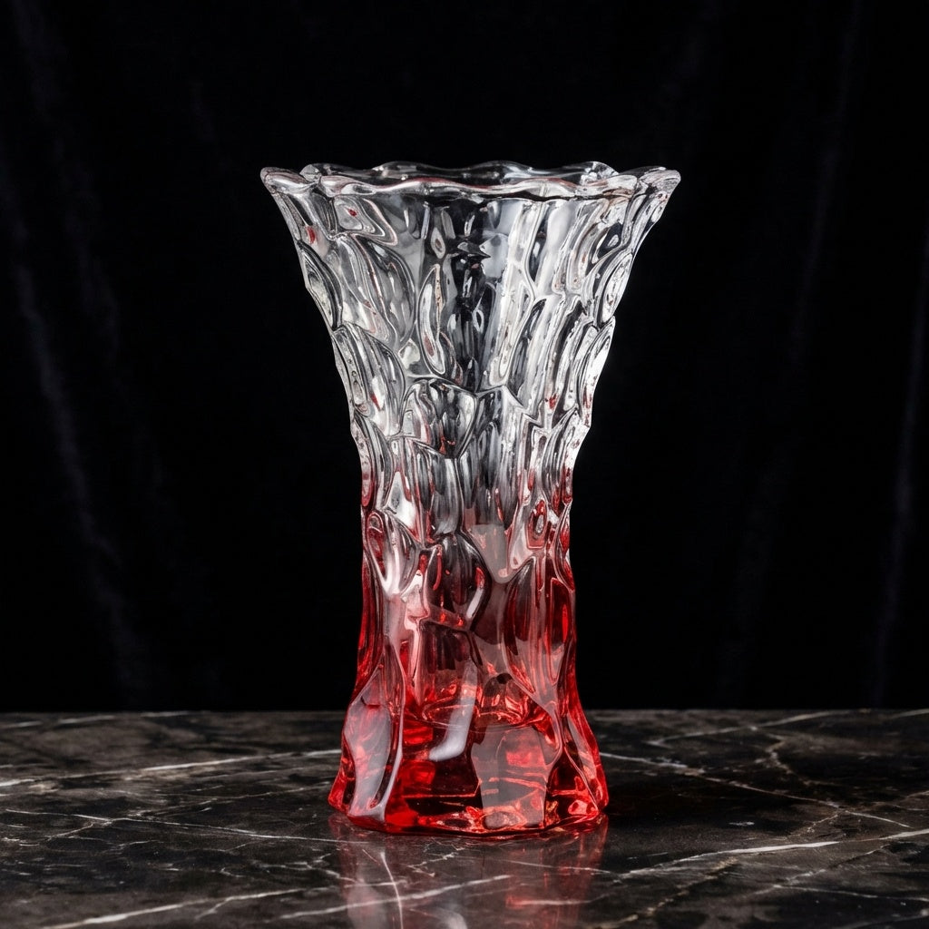 Textured gradient crystal glass vase with organic surface and wavy rim