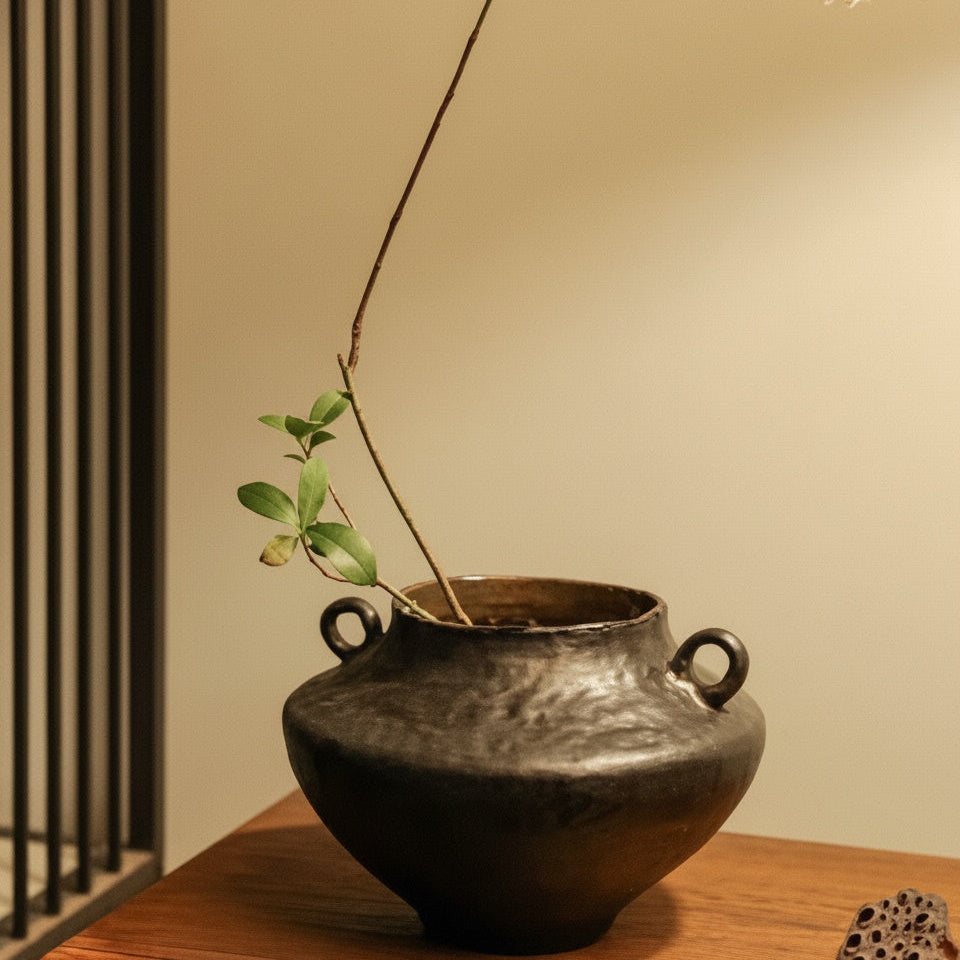 Textured Graphite Ceramic Urn Vase