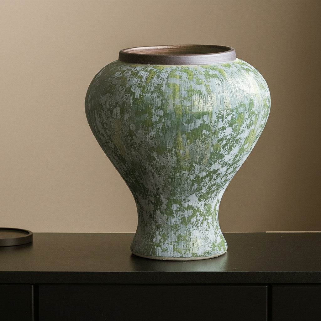 Textured Green And White Ceramic Baluster Vase