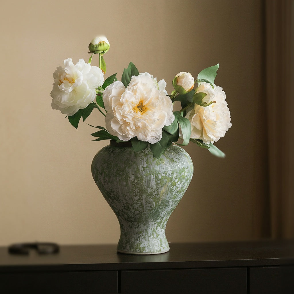 Textured Green And White Ceramic Baluster Vase