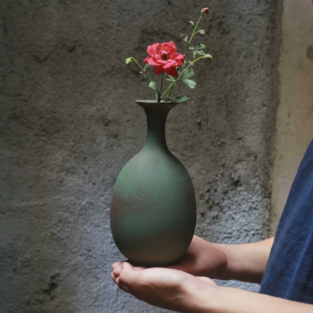 Side view of green textured vase held in hands
