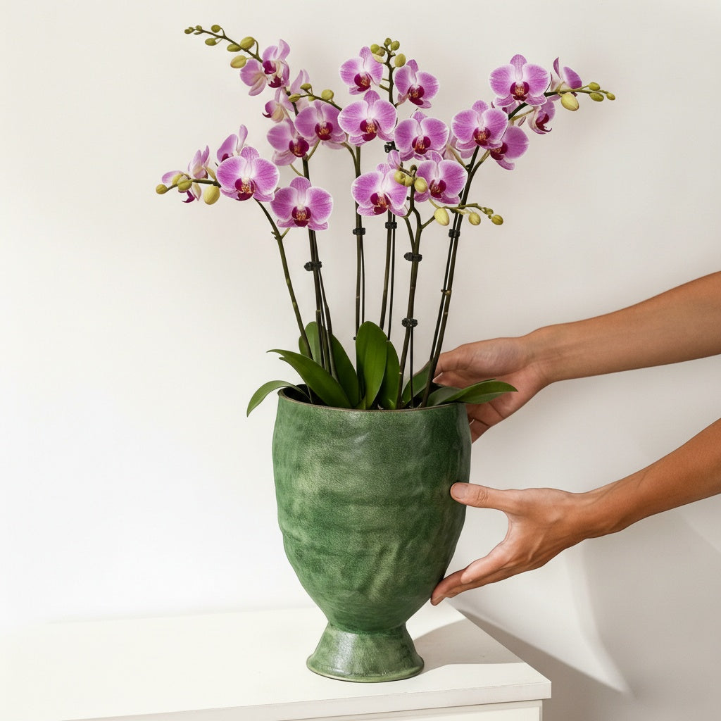 Hands holding textured green chalice planter with purple orchids