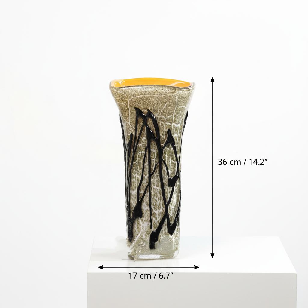 Dimensions view of large green glass vase showing 36cm height