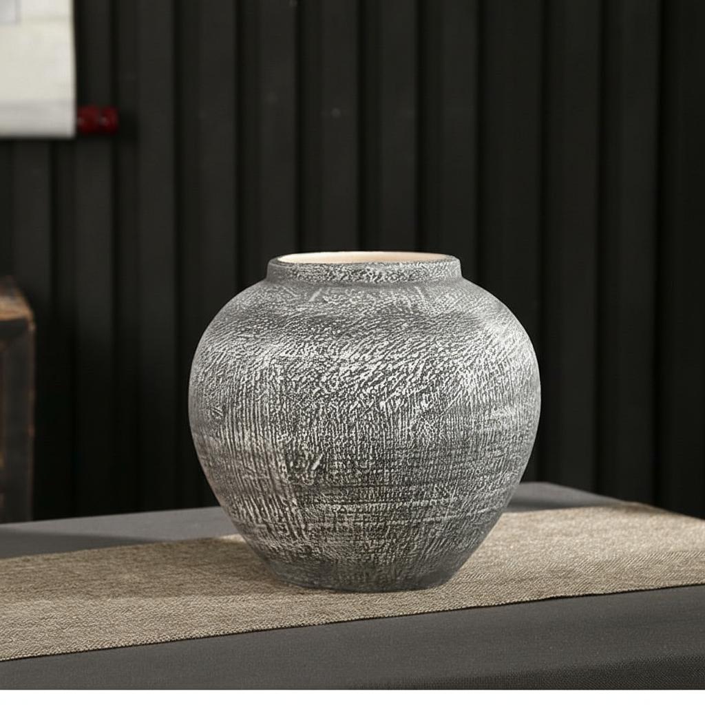 Round textured ceramic vase side view