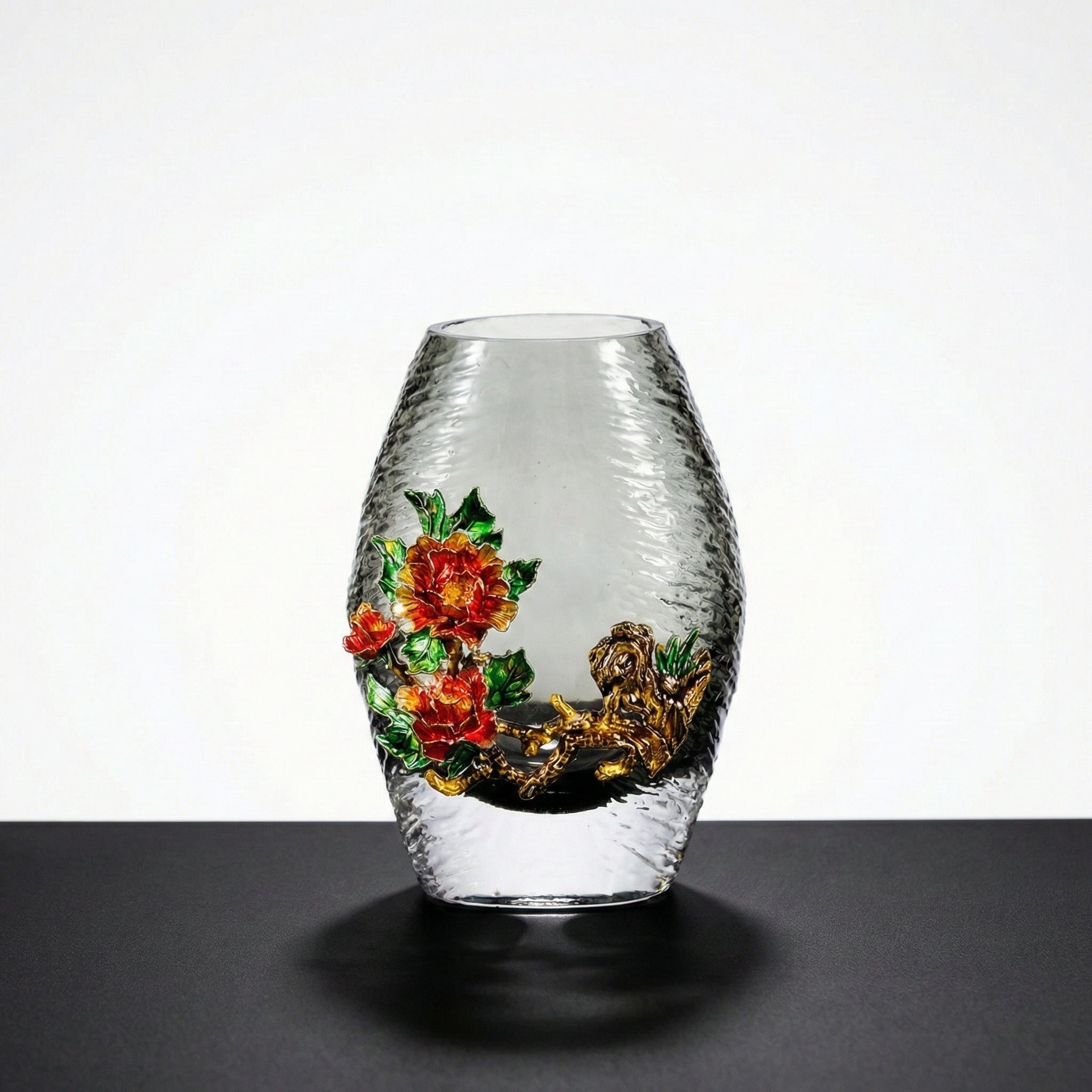 Medium grey textured glass vase with intricate enamel floral design