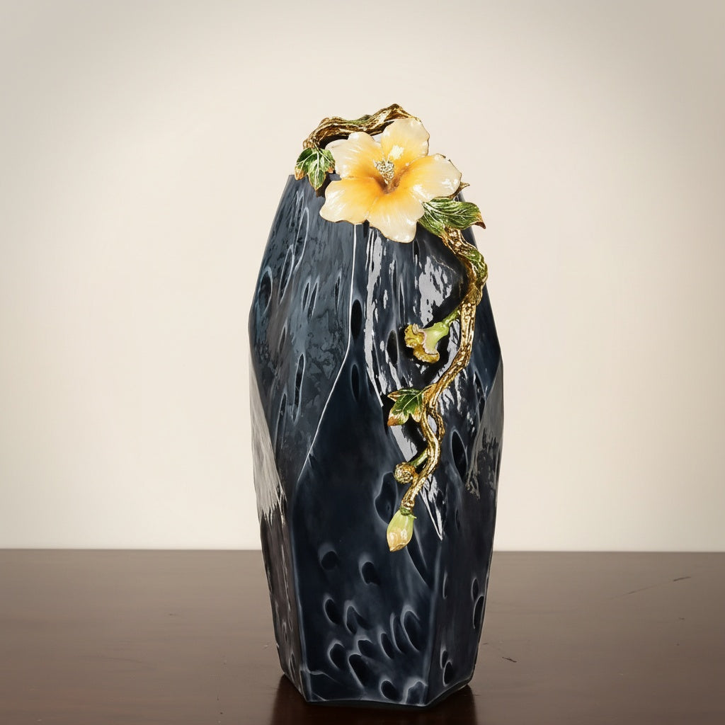 Angled view showing faceted geometric shape and yellow flower detail