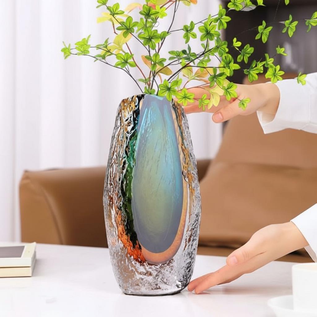 Close up of large iridescent vase showing scale