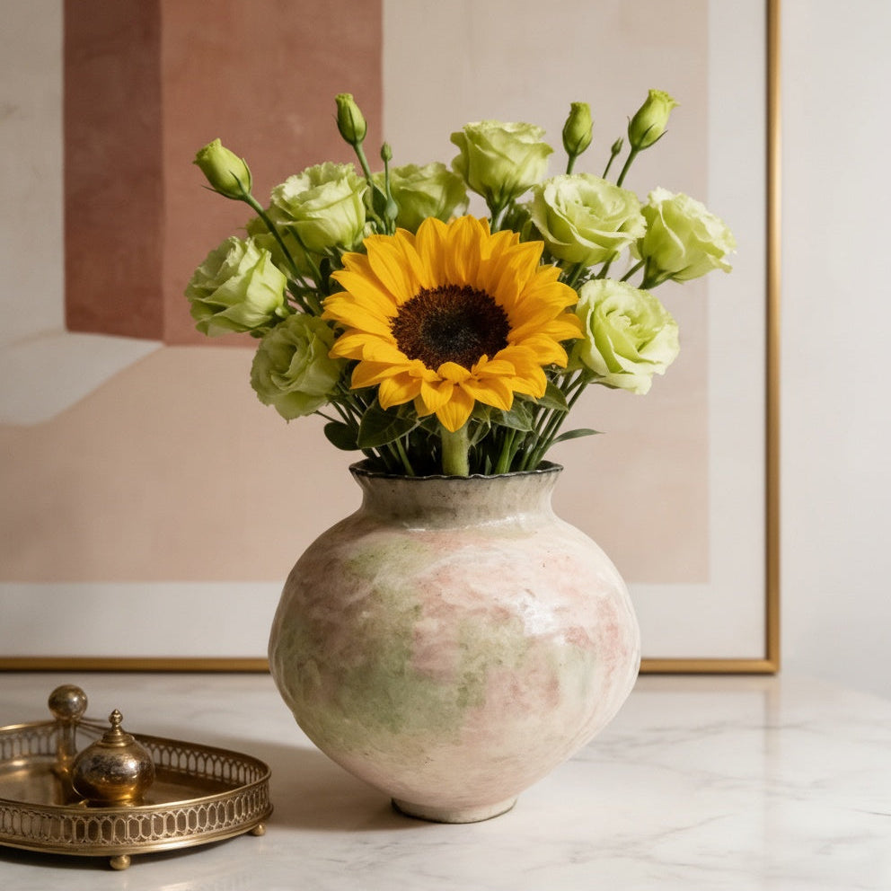 Textured ceramic vase styled with sunflowers and green roses