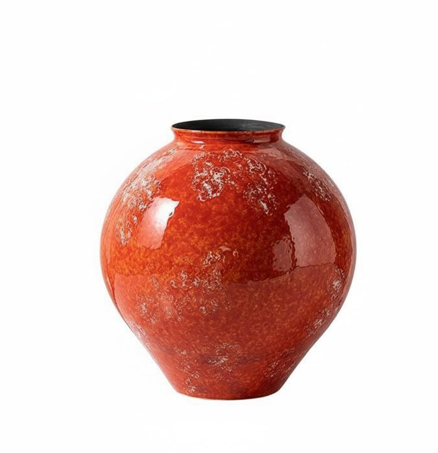 Textured red ceramic vase front view