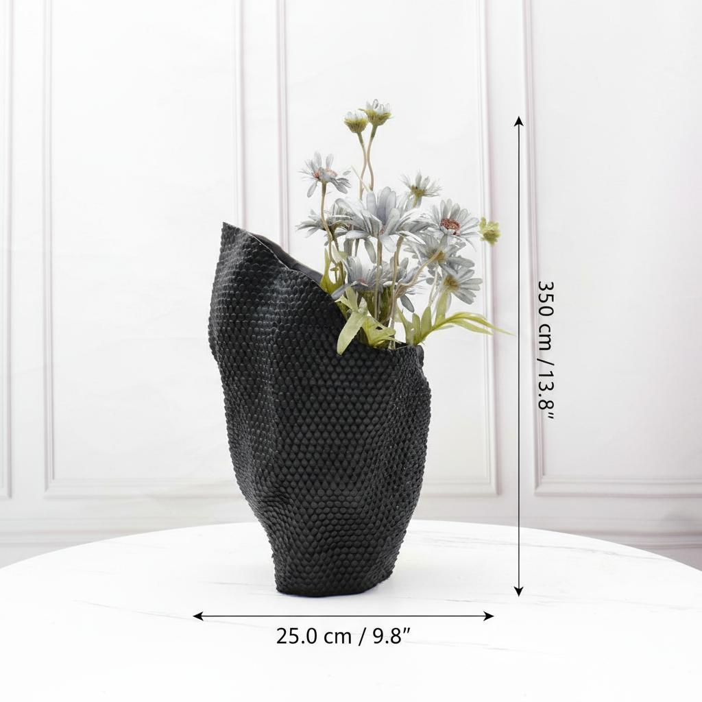 Dimension diagram of asymmetrical resin vase