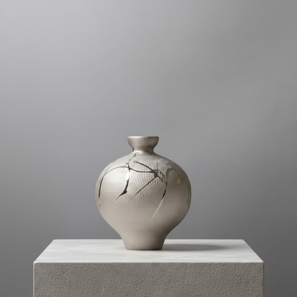 Textured silver ceramic bulbous vase with abstract markings