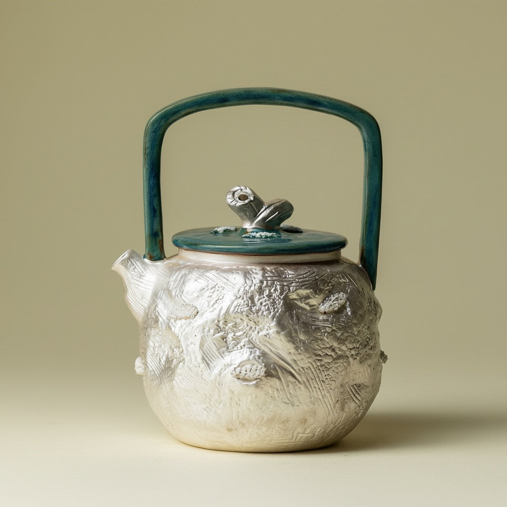 Textured Silver & Ceramic Teapot