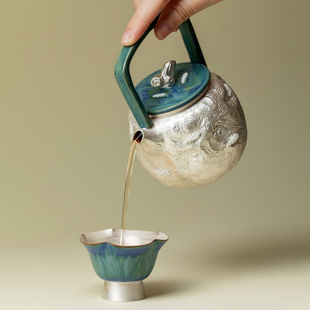 Textured Silver & Ceramic Teapot