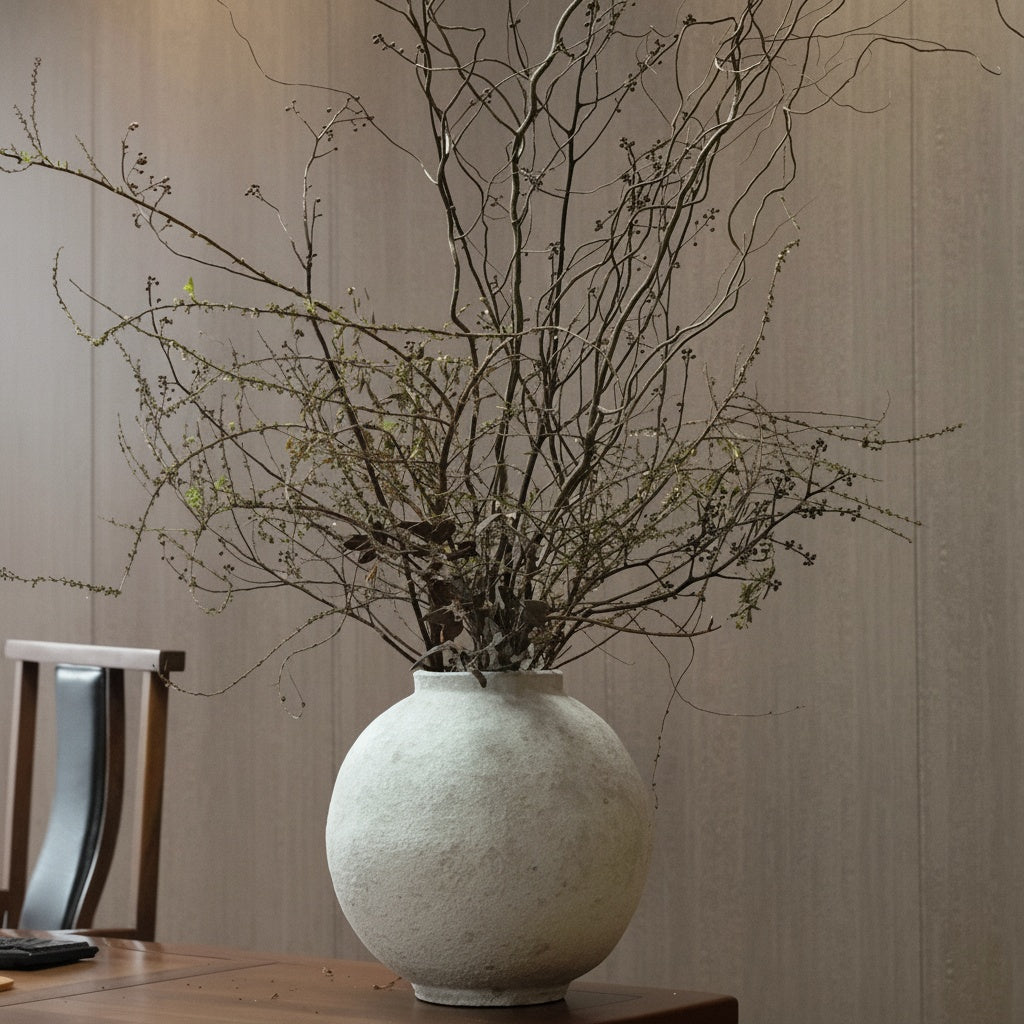 Textured stone finish spherical vase with large branch arrangement on wooden table