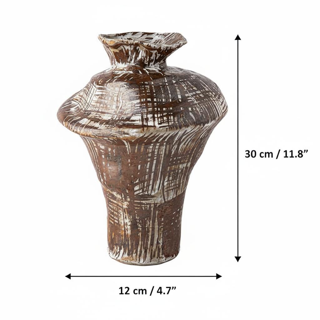 Dimensions diagram of brown stoneware vase showing height and base width