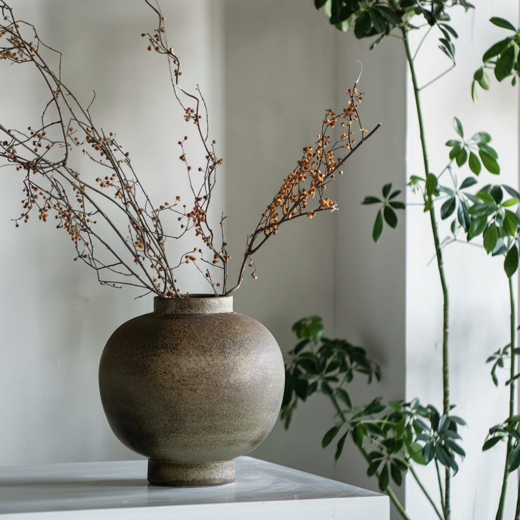 Matte ceramic round vase with dried branches in a bright room