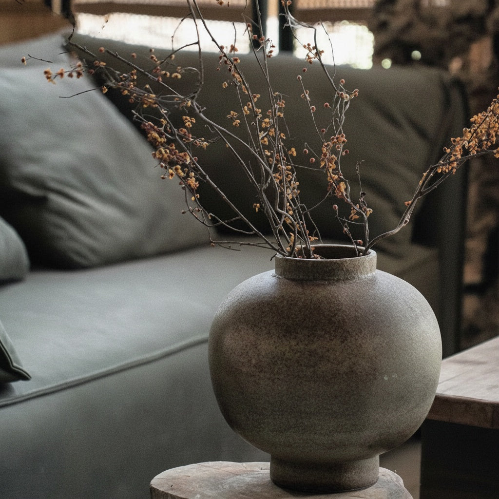 Earthy taupe pedestal vase styled on a wooden stool near a sofa