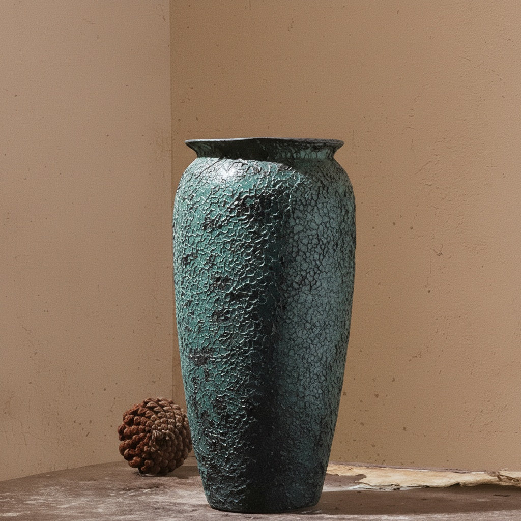 Textured teal ceramic vase with tapered design front view