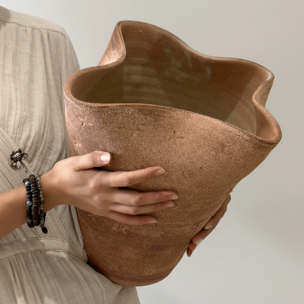 Person holding large textured terracotta vase showing scale and organic shape