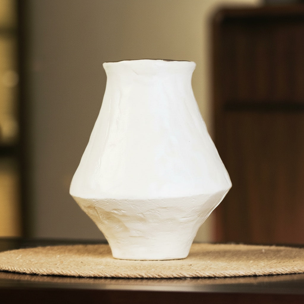Textured White Ceramic Geometric Vase